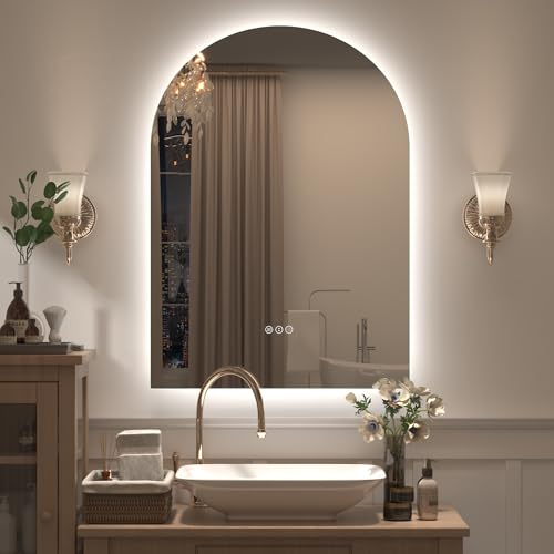Image of 22x32 Inch Arched LED Bathroom Mirror with Lights | Lighted Bathroom Vanity Mirror for Wall, Dimmable Backlit, Anti-Fog, Shatterproof, Memory, ETL Listed