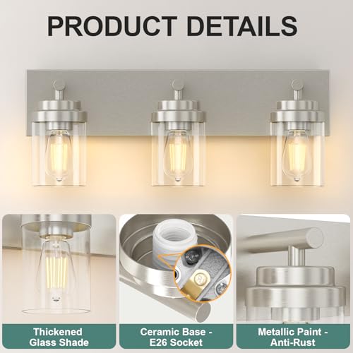 Image of IZORRO Bathroom Vanity Light Fixture, 3-Light 22 Inch Brushed Nickel Bathroom Light Fixtures Over Mirror, with Clear Glass Shade, Modern Farmhouse Vanity Lights, Rustic Restroom Lighting Fixtures