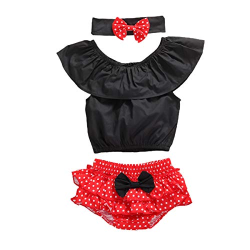 Newborn Baby Girls Disney Outfit Set Cute Short Sleeve Romper Top+Polka Dot Shorts+Headband 3pcs (Black, 18-24M)