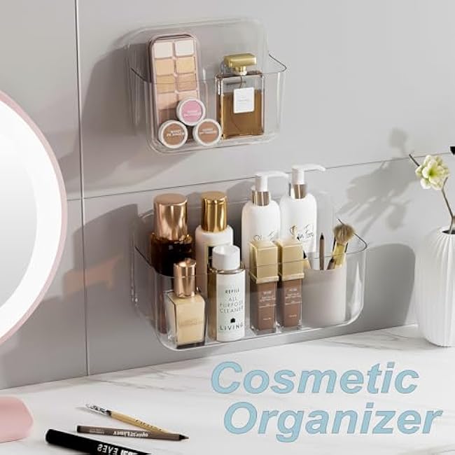Wall Mounted Storage Organizer Bins Organizing Shelf Basket Clear Plastic Makeup Organizer Adhesive Hanging Bin Fridge Organizer for Bathroom,Kitchen,Cabinet,Pantry,Countertops (XL+L)
