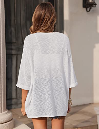 Hotouch Womens Open Front Cardigan Sweaters 3/4 Sleeve Casual Loose Holiday Beach Coverups White L #TOP4