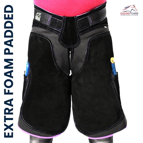 Image of Equine Care Women's Farrier Apron Chaps 23″ - Leather & Canvas, Adjustable 28-52″ Waist, EVA Padded Knees, Lumbar Support, 4 Knife Pockets & Nail Magnets for Hoof Trimming (Black with Purple Piping)