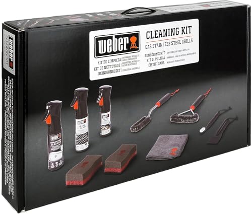 Weber Kit de nettoyage pour barbecues en acier inoxydable, 3x Brosses pour grille, Nettoyant pour grille & surface (300ml), Spray antiadhésif 200ml, Chiffon...