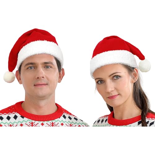 Image of LAWKUL Christmas Hat, Santa Hat, Red Fluffy Hat for Adults Teenagers Men Women New Year Festive Holiday Party Decorations Supplies