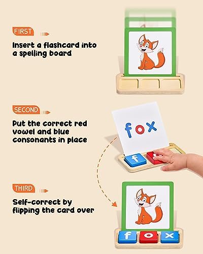 JoyCat Wooden Short Vowel Reading Letters Sorting Spelling Games with Storage Box, Sight Words Learning Flashcards Alphabet Puzzle Montessori Educational Toy Gift for Kids 3 4 5 Years Old 2 416SZYTeguL. AC