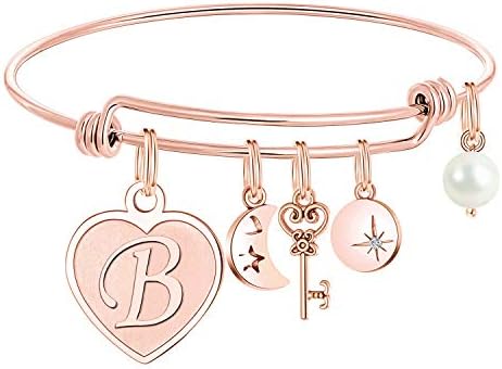 M MOOHAM Charm Bracelets for Women Girls, Rose Gold Letter B Initial Charm Bangle Bracelet Mothers Day Valentines Present Gifts for Women Jewelry, Bridesmaid Proposal Gifts for Wedding