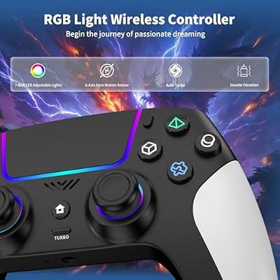 Wireless Controller for PS5 with RGB LED,TURBO, Dual Vibration, 6 Axis Gyro Sensor, Touchpad, Ergonomic for Playstation 5 Controller, Compatible with PlayStation 5/PC/Mac, Anti-Slip Black and White