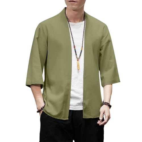 Image of PRIJOUHE Men's Kimono Jackets Cardigan Lightweight Casual Cotton Blends Linen Seven Sleeves Open Front Coat Outwear