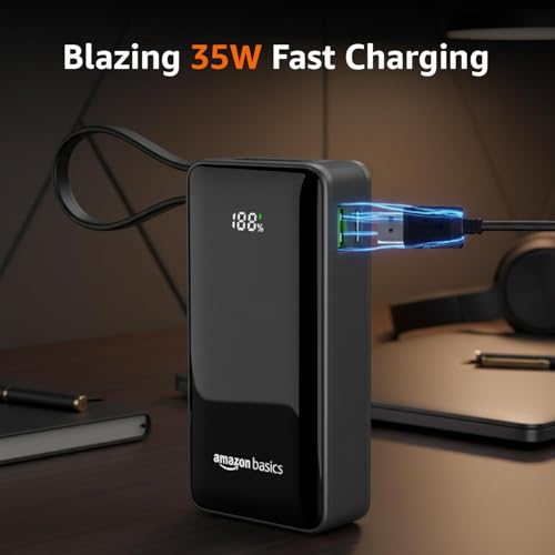 Image of Amazon Basics Power Bank, 10000mAh, 35W Nano, Built-in Type C Cable, 2 Ports - Metallic Silver
