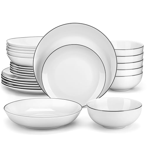 Image of MALACASA 24-Piece Gourmet Porcelain Dinnerware Sets, Modern White with Black Rim Round Dish Set for 6 - Premium Serving Plates and Bowls Sets for Dessert, Salad, Soup, Pasta - Series AMELIA