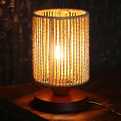YF-TOW Handmade Rattan Boho Table Lamp, 3 Colors Small Woven Lamps for Night Stands, Vintage Wicker Coastal Boho Lamp for Bedroom Living Room Reading Nook Office Desk, 12cm Shade 20cm Height