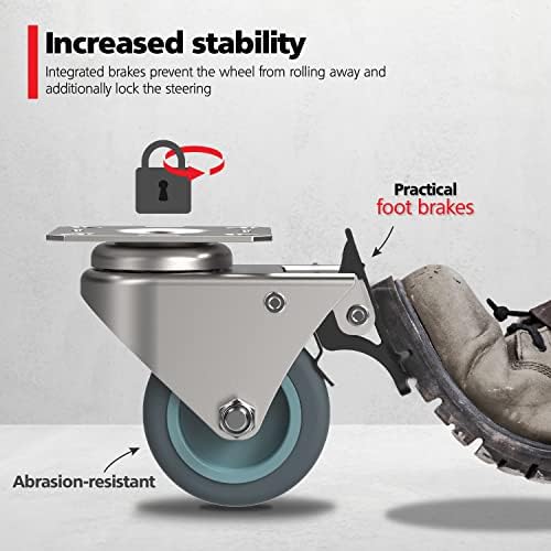 RAVN HAMAN Set of 4 Furniture castors 50 mm - Heavy duty castors with brake up to 100 kg per wheel - Wheels for indoor and outdoor use - Swivel castors for many floor types - Industrial castors
