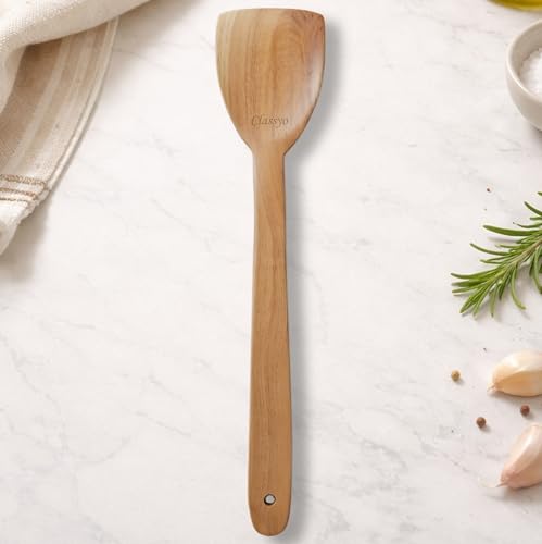 Image of Classyo Neem Wood Spoon for Cooking, Wooden Spatula for Non Stick Pan, Wood Ladle, Wooden Spoons for Cooking, Naturally Antimicrobial and Non Stick (Turner)