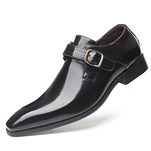 Battle Men Retro Oxford for Men PU Leather Slip On Style Buckle Monk Strap Pointed Toe Dress Shoes Block Heel Solid Color Formal Men