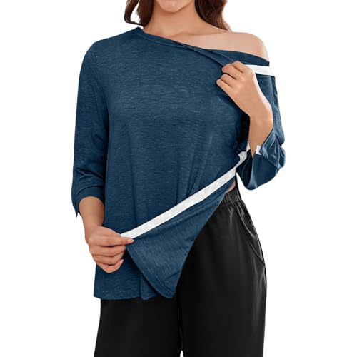 Short Tops for Women Trendy Womens Summer Fashion Women’s Long Sleeve Nursing Top with Double Layer Design Breastfeeding Dressy Blouse Cute Blouses Dark Blue XL