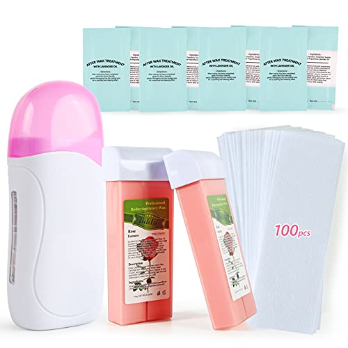 Roll on Wax Warmer Kit, Wax Roller Kit for Hair Removal, Painless Waxing Kit Roll on Wax Kit for Hair, Eyebrow, Facial, Armpit, Bikini, Brazilian, Roller Waxing Kit Include 2 Rose Wax & Pink Roll on Wax Cartridge Home Waxing Kit