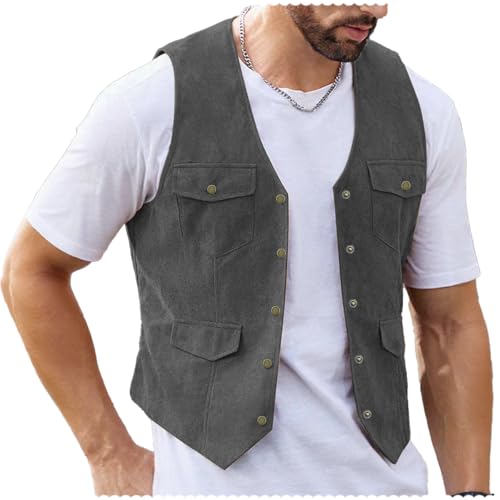 Mens Suit Suede Leather Vest 4 Pocket V-Neck Casual Groomsmen Wedding Waistcoat