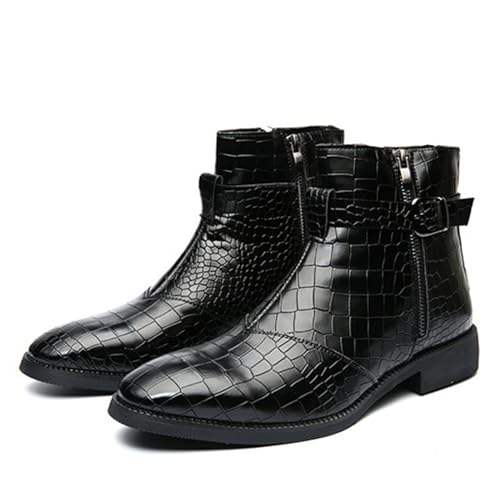 Yuizko Men'S Print Leather Side Zipper Chelsea Ankle Boots Fashion Low-Heels Pointed Toe Buckle Casual Dress Short Booties2