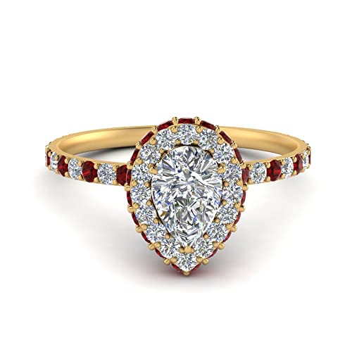 Image of Choose Your Gemstone Pave Rollover Pear Halo Engagement Ring Yellow Gold Plated Pear Shape Halo Engagement Rings Matching Jewelry Wedding Jewelry Easy to Wear Gifts US Size 4 to 12