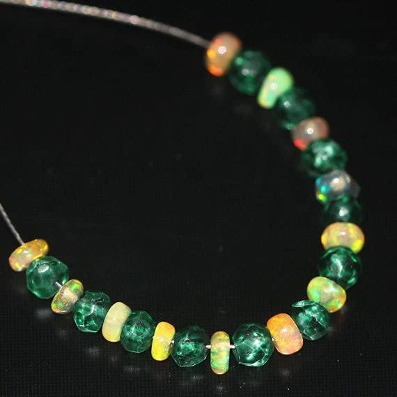 Perles opale de feu éthiopienne et quartz mystique vert LKBEADS rondelles lisses haut de gamme