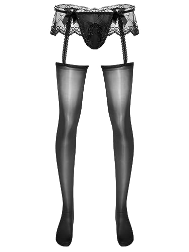 Mens Sissy Sheer Lace Skirted Cutout Pantyhose Bulge Pouch G-String Stockings Nightwear