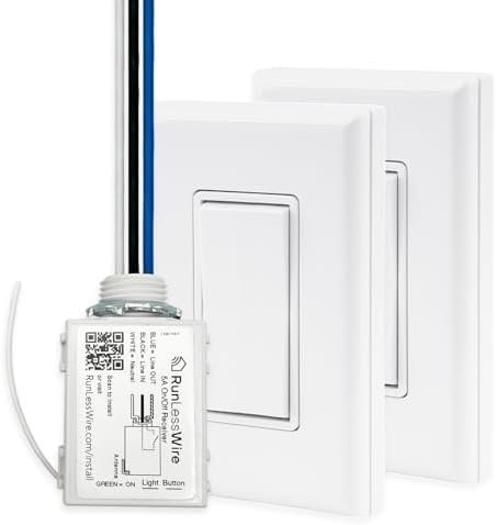 RunLessWire 3-Way Battery-Free DIY Wireless Light Switch Kit 150ft RF Range Self-Powered by Kinetic Energy for Hallways & Stairways: 2 Remote Switches Control 1 5A On/Off Receiver – White