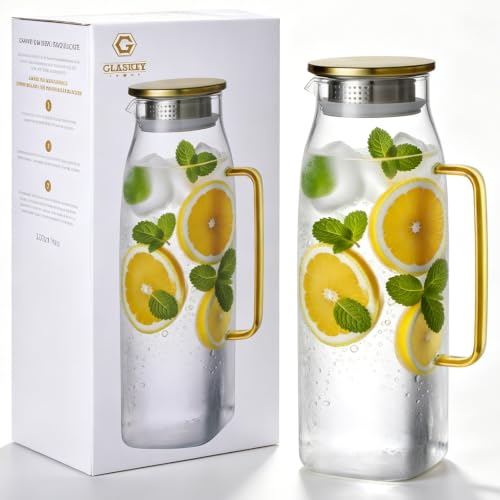 GLASKEY 2.2 L Verseuse Carafe en Verre,Carafe Eau avec Couvercle et Anse pour Réfrigérateur,Bouilloire Résistante à la Chaleur pour Boissons Chaudes ou Froides,Grand Pichet pour thé glacé, café, jus