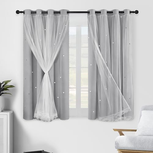 Image of XiDi Grey Curtains 45 Inches Long for Bedroom Living Room 2 Panels Thermal Insulated Kids Curtain Hollow-Out Star Window Nursery Curtains Room Darkening Grommet Window Treatments Light Grey W34 x L45