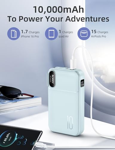 Image of RORRY Portable Charger w /Wall Plug 10000mAh Power Bank 22.5W Battery Pack | Built in Cables, Fast Charging, for iPhone, iPad, Samsung Galaxy, Pixel, LG, Travel Essential, Digital Display, Pocket Size