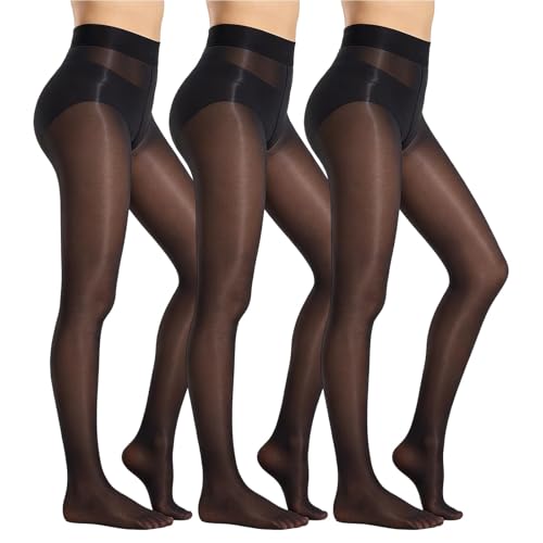 Image of Fiohiros 3 Pairs Shiny Tights 15 Denier Sheer Tights for Women Glossy Tights Oily Pantyhose with High Elastic Waist (UK, Alpha, S, M, Regular, Regular, Black)