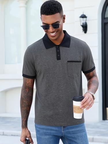 Image of Men's Casual Polo Shirts Summer Short Sleeve Contrast Collar Buttoned Tee Polo Shirt with Pocket