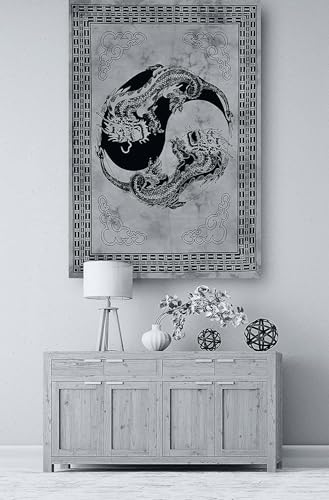 AVA Collections Tapestry Multicoloured Wall Hanging Psychedelic Tapestries Indian Cotton Poster Picnic Sheet Wall Decor Blanket Wall Art Hippie Bedroom Décor (Black and White, Dragon Yin Yang)