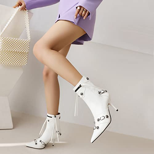 Aimodor High Heels Ankle Boots Stiletto Pointed Toe Short Boots Fringe Side Zipper Booties Shoes White Size 9 #TOP3