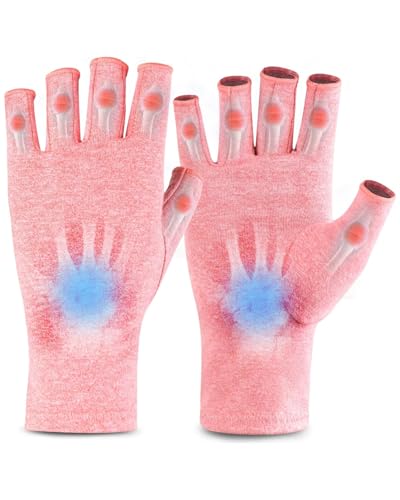 HUVZOR 1 paio Guanti Anti Artrite,Artrite Guanti Di Compressione, Guanti Per Rsi, Del Tunnel Carpale, Rheumatiod, Tendinite, Senza Dita Mano Pollice, Per Alleviare Il Dolore Donne Uomini(L, Rosa)