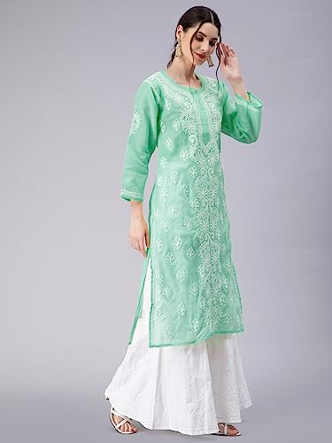 Image of Seva Chikan Hand Embroidered Lucknowi Chikankari Appricot Cotton Kurta Kurti for Women SCL4321