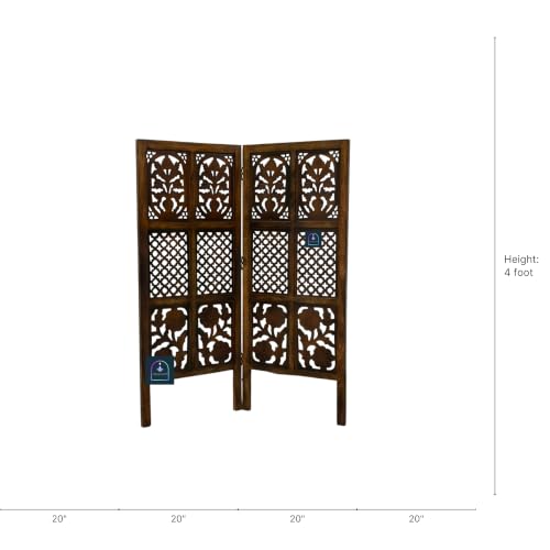 Image of Wooden Room Partition Screen with Burnt Wood Finish | Hand Buffed Traditional Handicraft Room Divider | 6 Ft Height Indoor Room Separator (2 Panel 4 Feet)