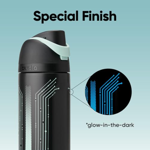 Image of Owala TRON FreeSip Insulated Stainless Steel Glow in the Dark Water Bottle with Straw for Sports and Travel, BPA-Free, 24 oz, Black