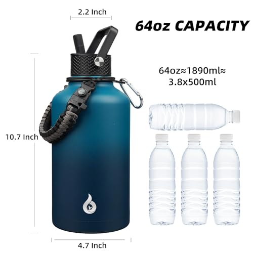 Image of BJPKPK Half Gallon Insulated Water Bottles with 3 Lids and Paracord Strap, 64oz Large, Stainless Steel Water Bottles with Straw Lid, Half Gallon Water Jug,Vast