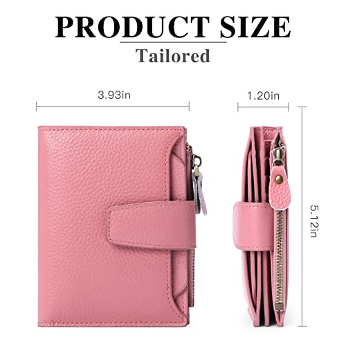 Image of FALAN MULE Women's Genuine Leather Wallet, Compact Size, RFID Blocking, 14 Slots, 2 Zippered Pockets, 2 Bill Compartments, Includes Coin Pouch, Card Holders, AY-Lichee Pink