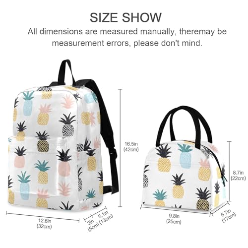Backpack Lunch Bag Set Cartoon Pineapple Print, Big Storage Travel Backpacks with Insulated Lunch Box for Office Hiking Picnic2