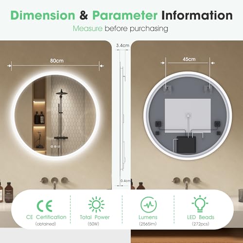 S’bagno Round Bathroom Mirror with LED Lights 800mm, LED Bathroom Mirror Wall Mounted with Bluetooth, Anti-Fog, 3000K-6500K, Dimmable, HD Tempered Glass, Memory, IP44 Waterproof - Image 9