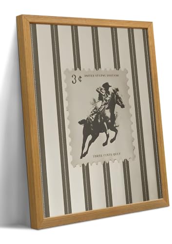 Framed Vintage Western Cowboy Wall Art Retro 3¢ Stamp PosterStriped Mid-Century Southwest Aesthetic, Rustic Rodeo Horse Rider Canvas Print for Living Room Bedroom Home Decor 10×8 inch Wood Frame