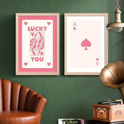 Image of NoWorries Playing Cards Wall Art Framed Painting | Lucky You Typography & Ace of Spades Card Art Prints | Minimal Pink Aesthetic Posters Frames | Premium 300 GSM Paper Print with Synthetic Wooden Frame | Modern Wall Decor for Living Room, Bedroom and Office (Set of 2) (NATURAL, ART-7, 10X13INCHES)