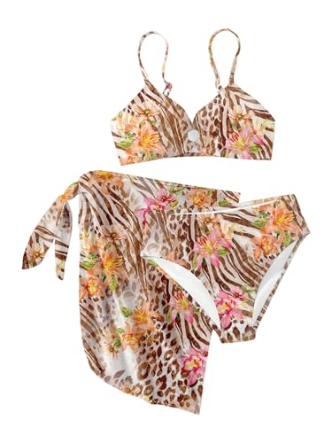 Image of RoseSeek Girls 3 Piece Bikini Set with Beach Skirt Floral Leopard O-Ring Padded Swimsuit for Teen Girls