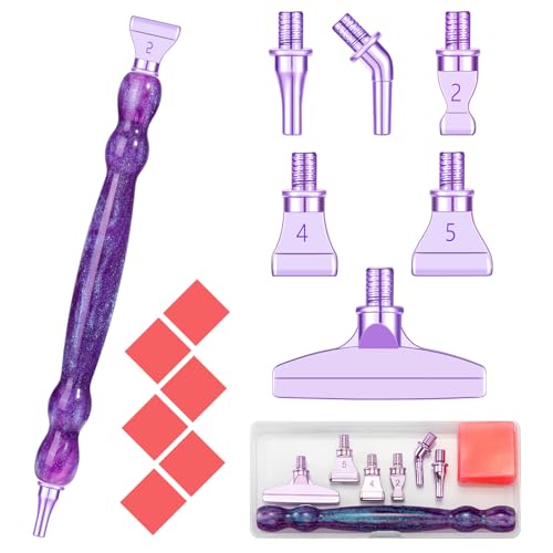 Snewvie Diamond Art Painting Pen Accessories Tools Set,1Pcs Ergonomic Resin Diamond Drill Pen and 6Pcs Purple Stainless Steel Metal Screw Thread Multi Placer Tips and 6 Glue Clay