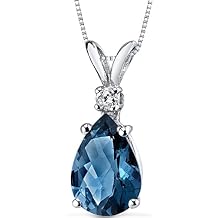 PEORA London Blue Topaz with Diamond Pendant for Women 14K White Gold, Natural Gemstone Teardrop Solitaire, Pear Shape, 10x7mm, 2 Carats total, December Birthstone Necklace, Gold Necklace