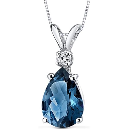 PEORA Natural London Blue Topaz Diamond Pendant 14K White Gold 2ct Pear Sha