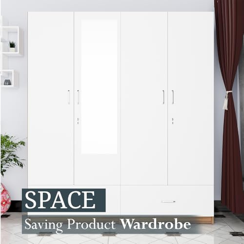 Image of VIKI Wardrobe |Wooden Almirah for 4 Door Wardrobe with 2 Split Drawer & Hanging Space with Mirror (Walnut |White - 40D x 160W x 180.8H) | 1 Year Warranty | Free Assembly