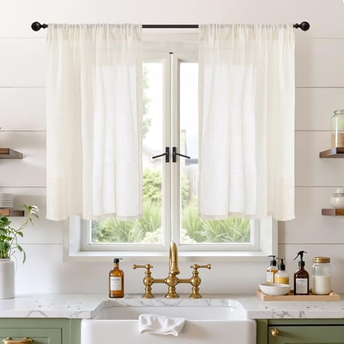 Image of BGment Short Ivory Linen Curtains 40 Inches Long for Cafe Kitchen - Semi Sheer Light Filtering Small Half Window Drapes with Rod Pocket Textured Lightweight, 2 Panels Set, Each 30 Inch Wide