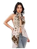 RoseSeek Women's Tie Front Split Halter Tops Cow Print Sleeveless Open Back Music Festival Tank Top Brown Medium